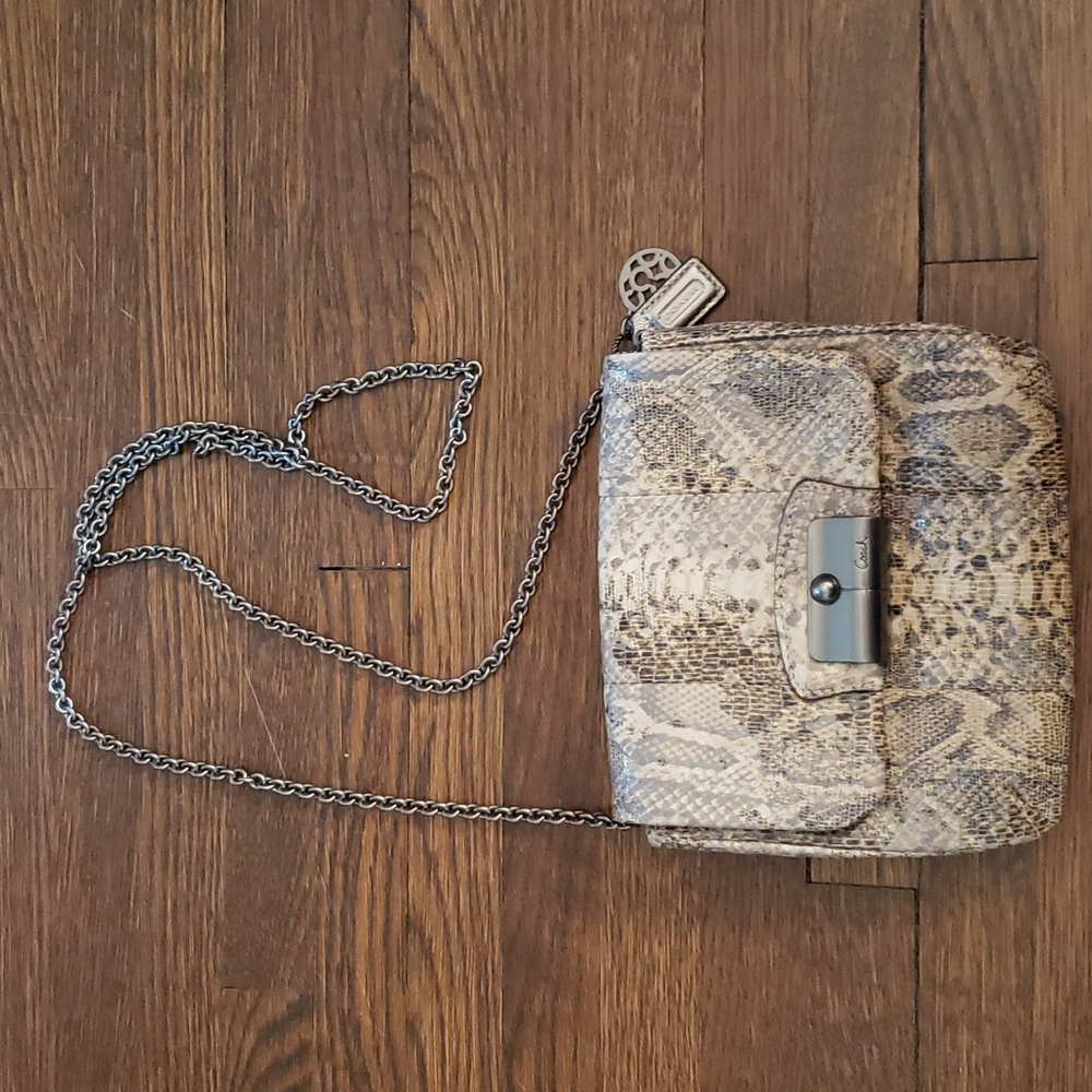 Coach Kristin authentic snake, leather crossbody purse with silver chain strap